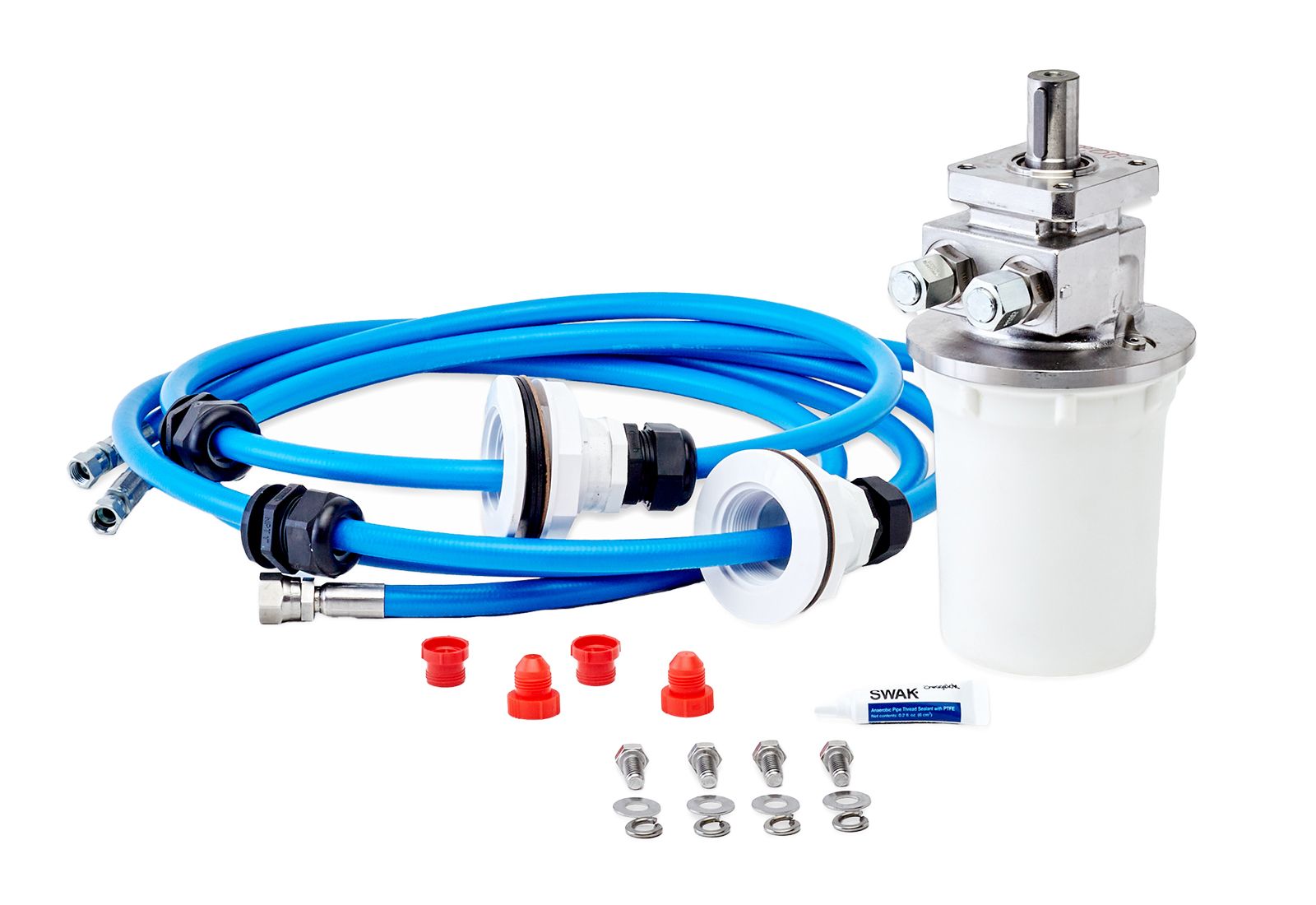 Submerged motor replacement kit: new hydraulic motor, blue hydraulic hoses, wall fittings, hardware and thread sealant